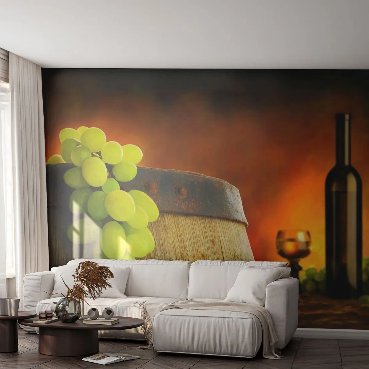 Photo Wallpaper Premium Canvas - Still Life with a Bottle of Wine and a Bunch of Grapes - Grape, Wine, Wine Barrel - 300x210 cm