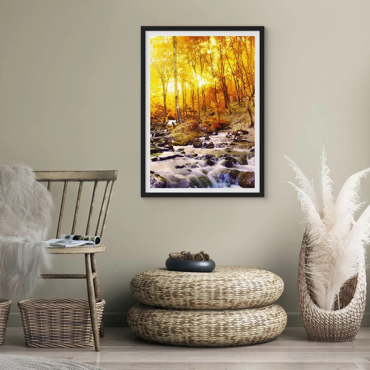 Poster in black frame - Autumn forest with a rushing stream in the light of the setting sun - 50x70cm - Stones Set in Gold and Platinum - Modern wall decoration for the living room and bedroom ARTTOR
