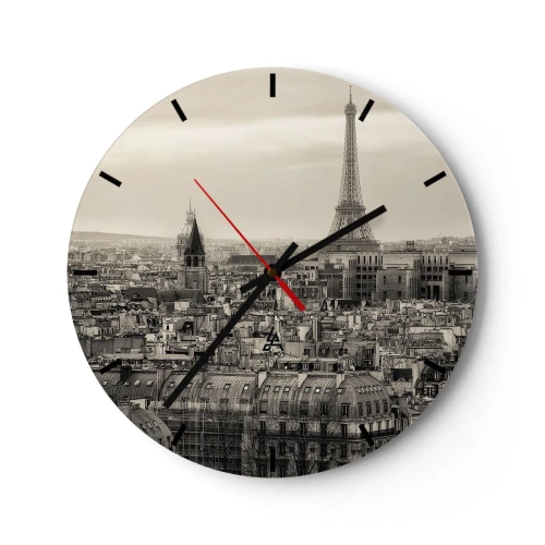 Wall clock - Clock on glass - Panoramic view of Paris with the Eiffel Tower - 30x30cm - Over the Roofs of Paris - Modern wall decoration for the living room, kitchen, and bedroom ARTTOR