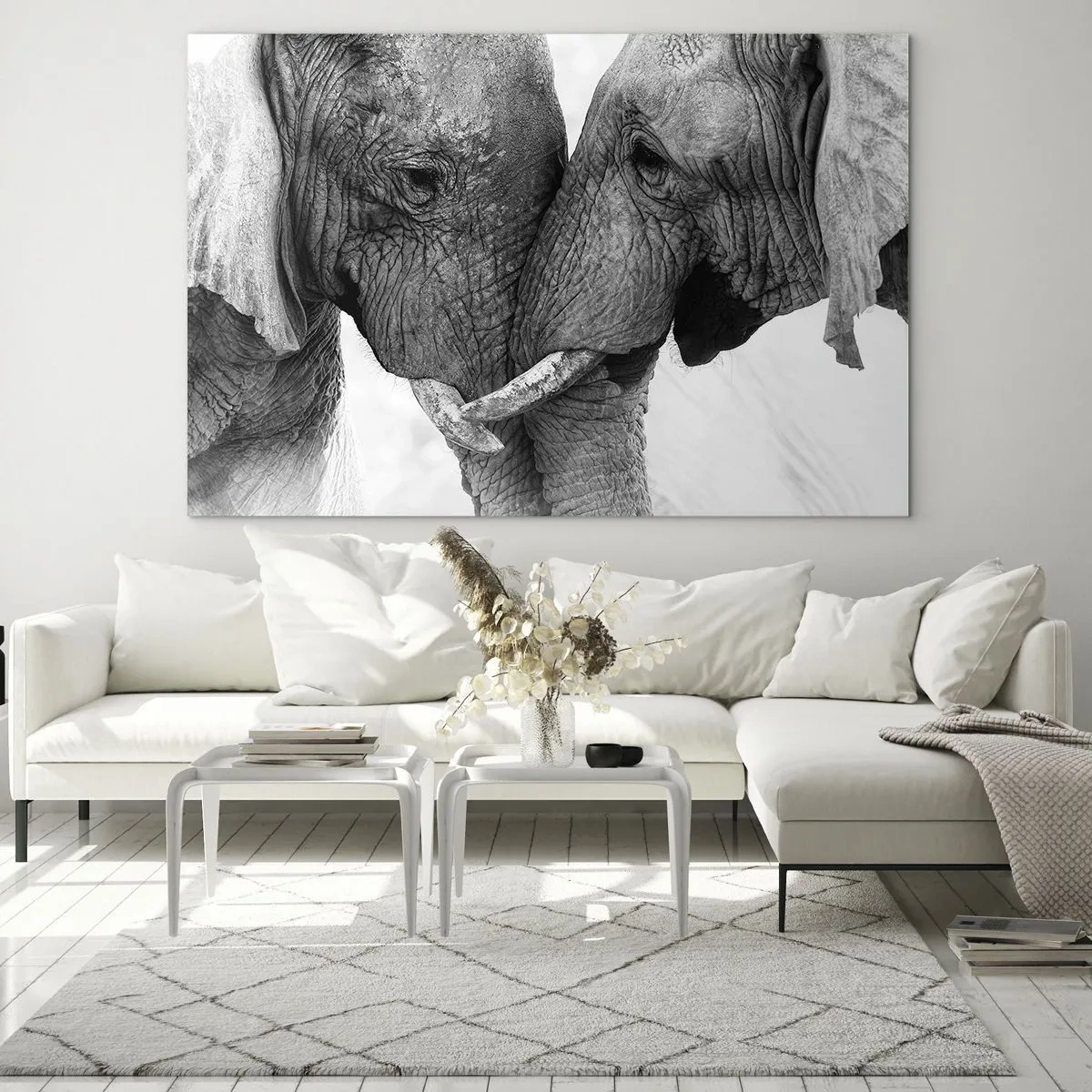 Glass picture - Two elephants touching foreheads in black and white - 70x50cm - Hearty Confession - Modern wall decoration for the living room and bedroom ARTTOR