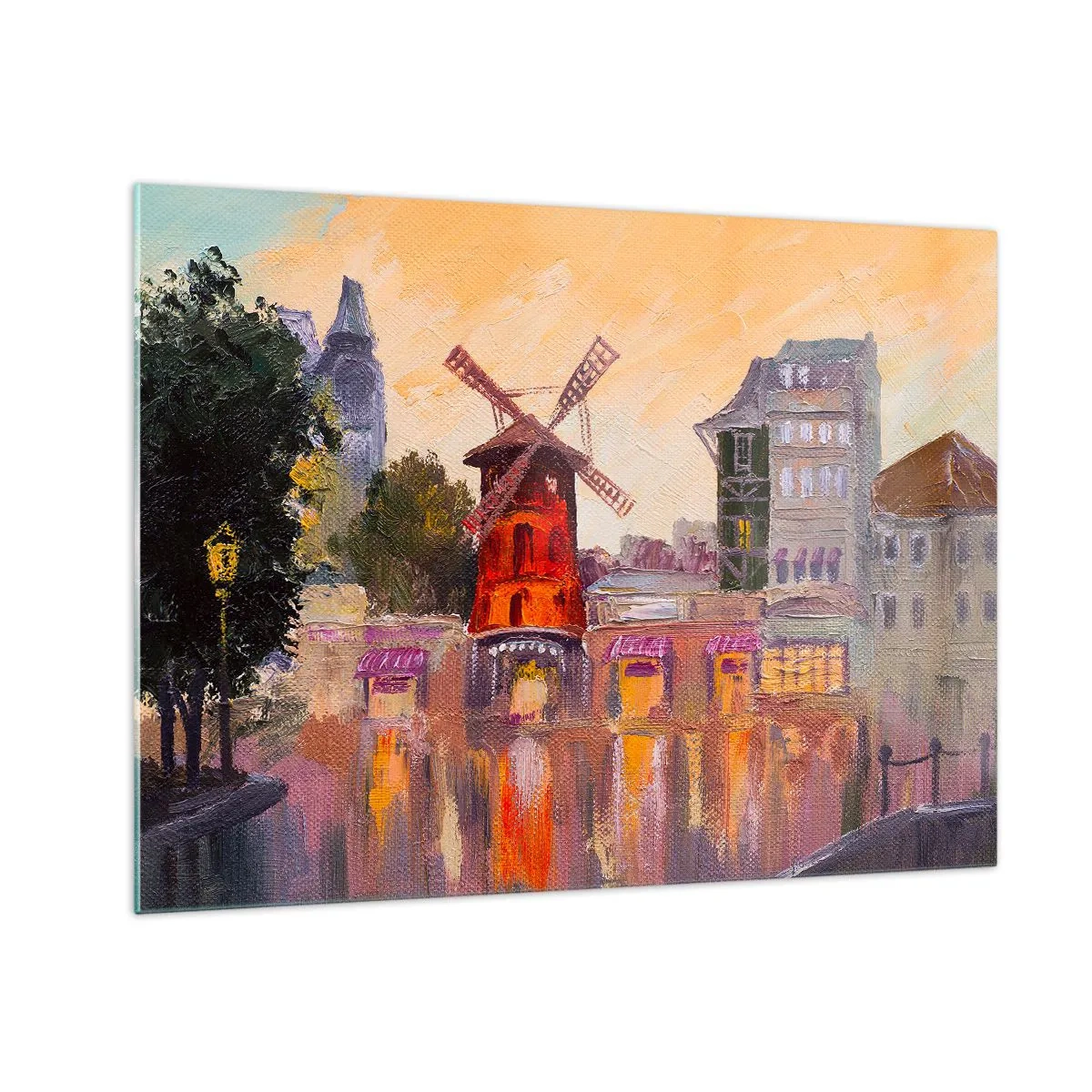 Glass picture - The red windmill of the Moulin Rouge among Parisian tenement houses - 70x50cm - Icons of Paris - Moulin Rouge - Modern wall decoration for the living room and bedroom ARTTOR