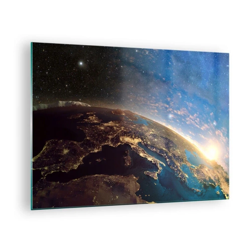 Glass picture - A view of Earth from space with the sunrise visible - 70x50cm - Let's Look at Each Other from a Distance - Modern wall decoration for the living room and bedroom ARTTOR