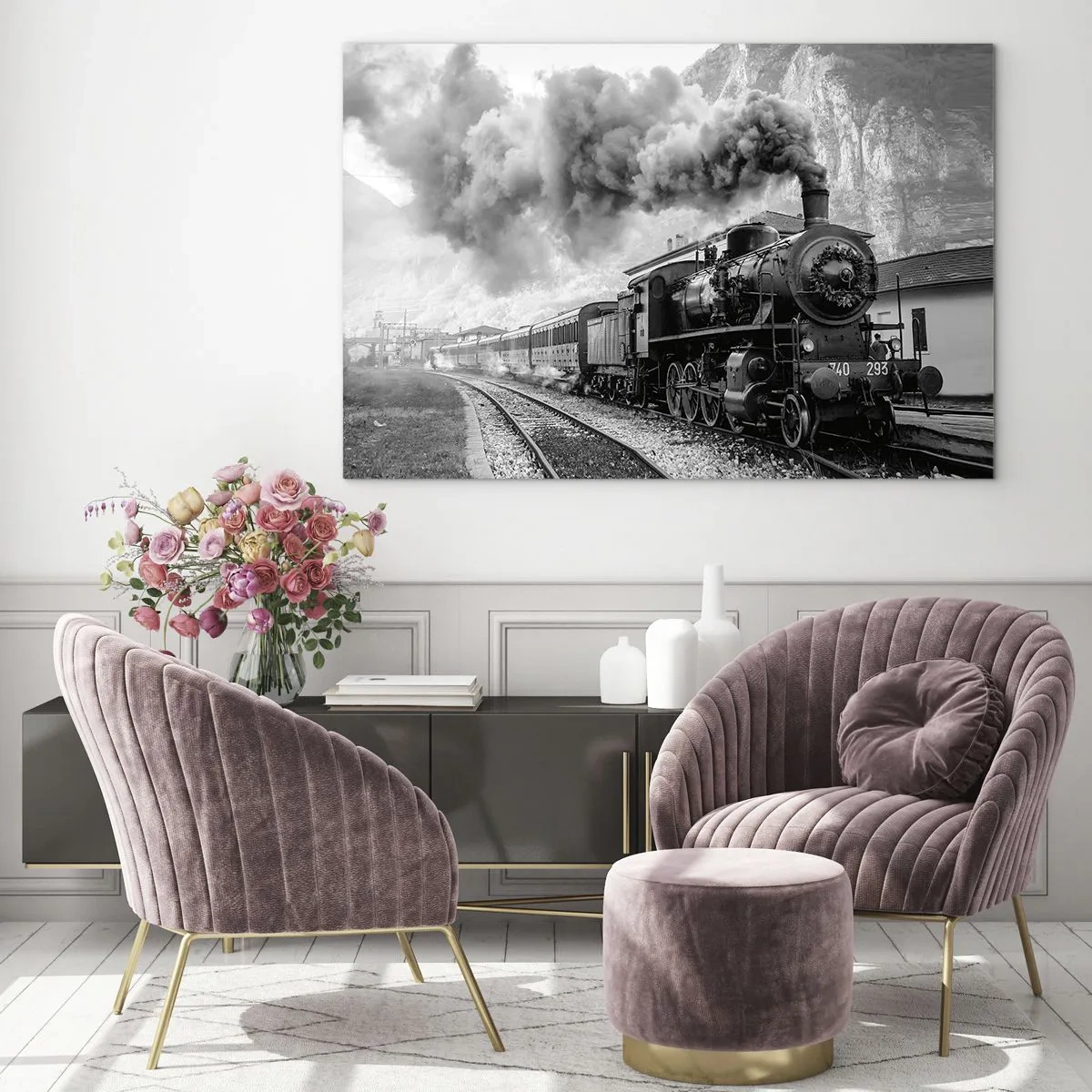 Glass picture - An old steam train in a mountain landscape - 70x50cm - Standing at the Station... - Modern wall decoration for the living room and bedroom ARTTOR