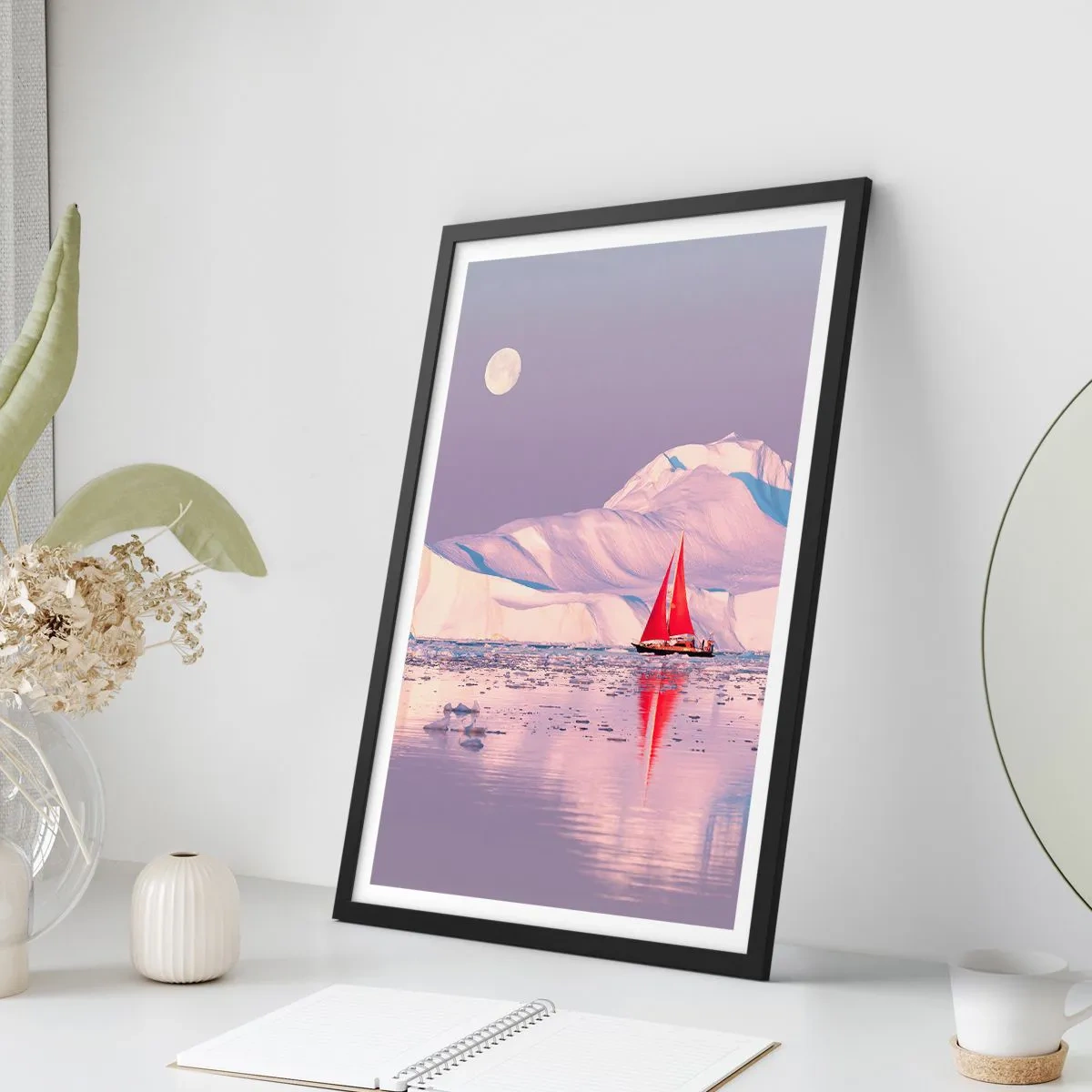 Poster in black frame - A red sail against a backdrop of icebergs under a full moon - 50x70cm - Heat of the Sail, Cold of the Ice - Modern wall decoration for the living room and bedroom ARTTOR