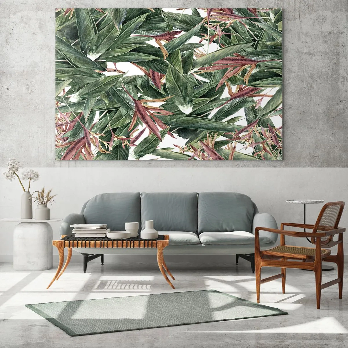 Glass picture - Leaves in shades of green and burgundy on a light background - 70x50cm - Emerald and Lilac Thicket - Modern wall decoration for the living room and bedroom ARTTOR