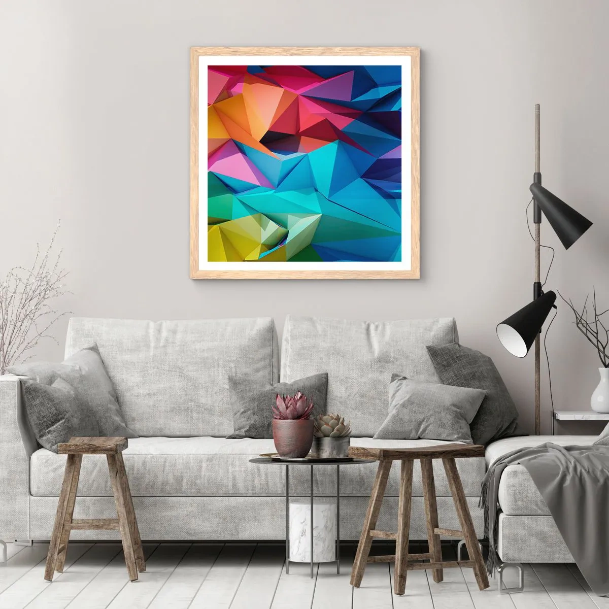Poster in light oak frame - Rainbow Origami - 30x30 cm