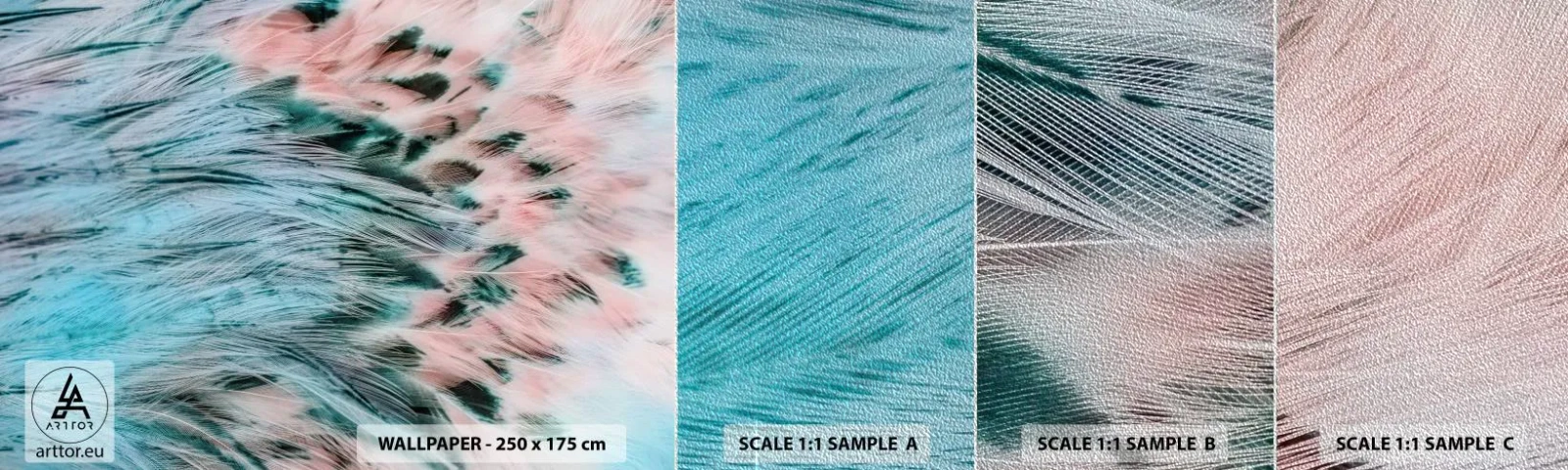 Photo Wallpaper Sample Premium Sand - Sapphire and Pink Feathers - Abstraction, Piece, Bird feathers - 100x30 cm