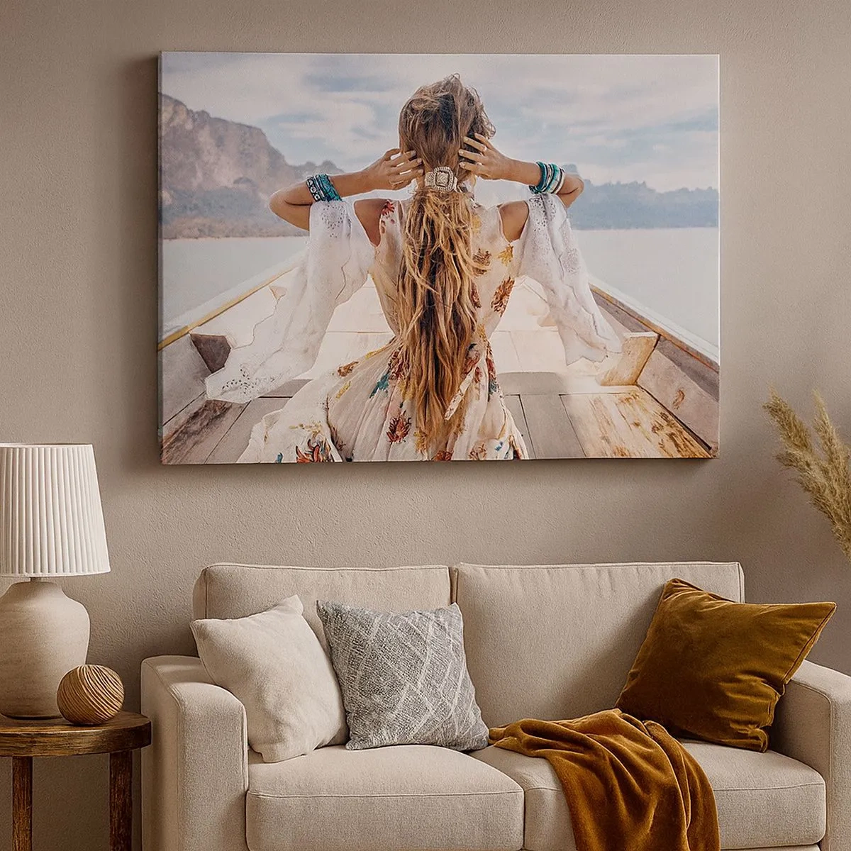 Canvas picture - Woman on a boat overlooking the mountains and water, boho style - 70x50cm - On the Way to Happiness - Modern wall decoration for the living room and bedroom ARTTOR