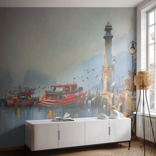 Photo Wallpaper Premium Canvas - At the End of the World - Landscape, Harbor, Lighthouse - 350x256 cm