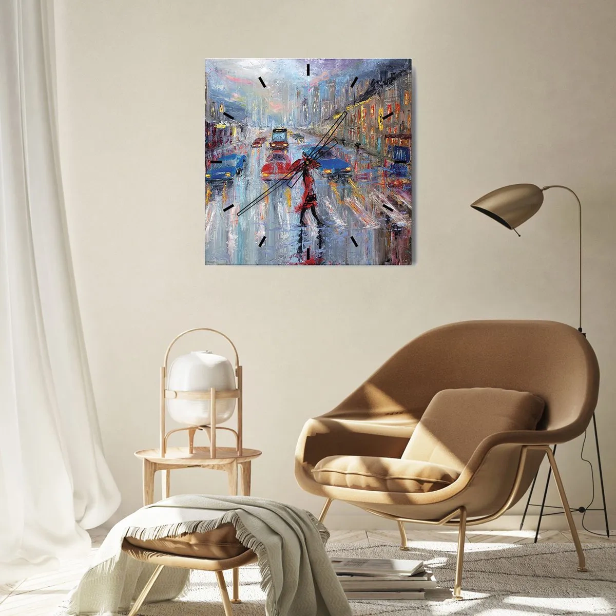 Wall clock - Clock on glass - Rainy Afternoon in a City - 40x40 cm