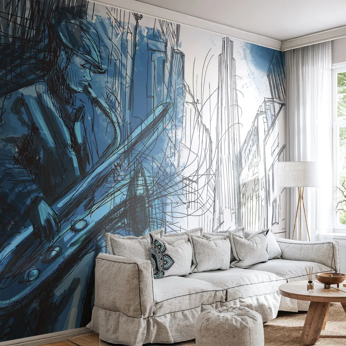 Self-Adhesive Photo Wallpaper Deluxe Sticker - City Rhapsody - Saxophone, Jazz, Music - 150x105 cm