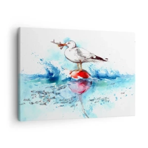 Canvas picture - Seagull on a buoy with fish in the background in a watercolor style - 70x50cm - Good Catch - Modern wall decoration for the living room and bedroom ARTTOR