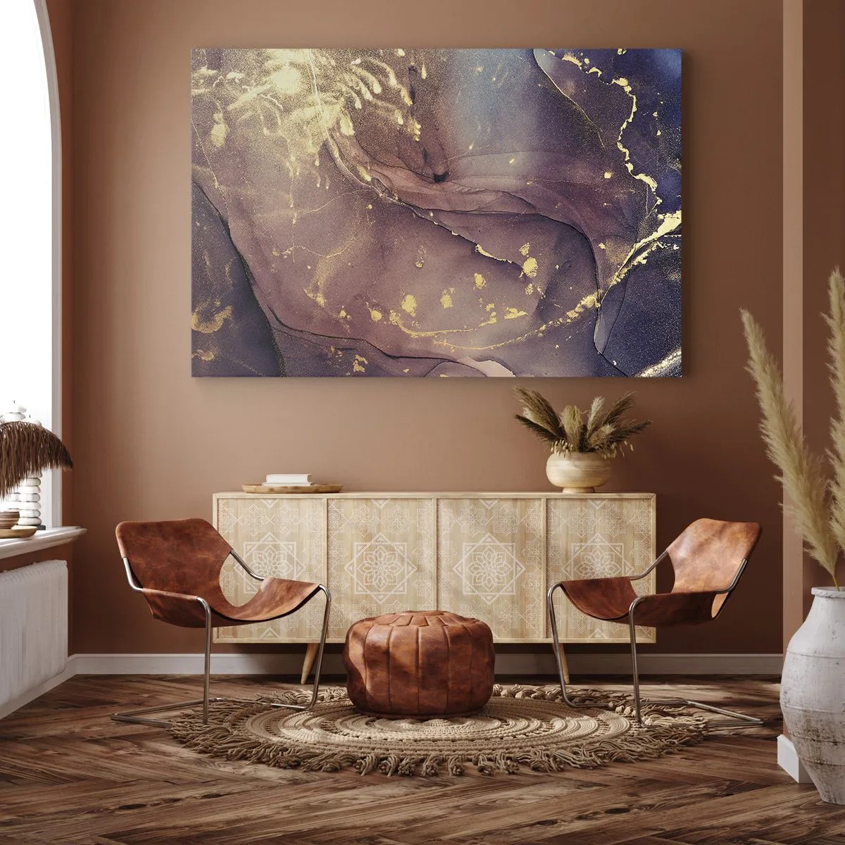 Canvas picture - Abstract composition with shades of gold and purple - 70x50cm - Matter and Spirit - Modern wall decoration for the living room and bedroom ARTTOR