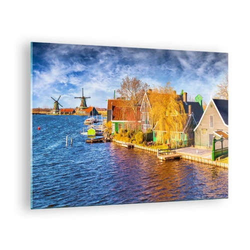 Glass picture - Picturesque Dutch waterfront houses with windmills - 70x50cm - Unchanged for Ages - Modern wall decoration for the living room and bedroom ARTTOR