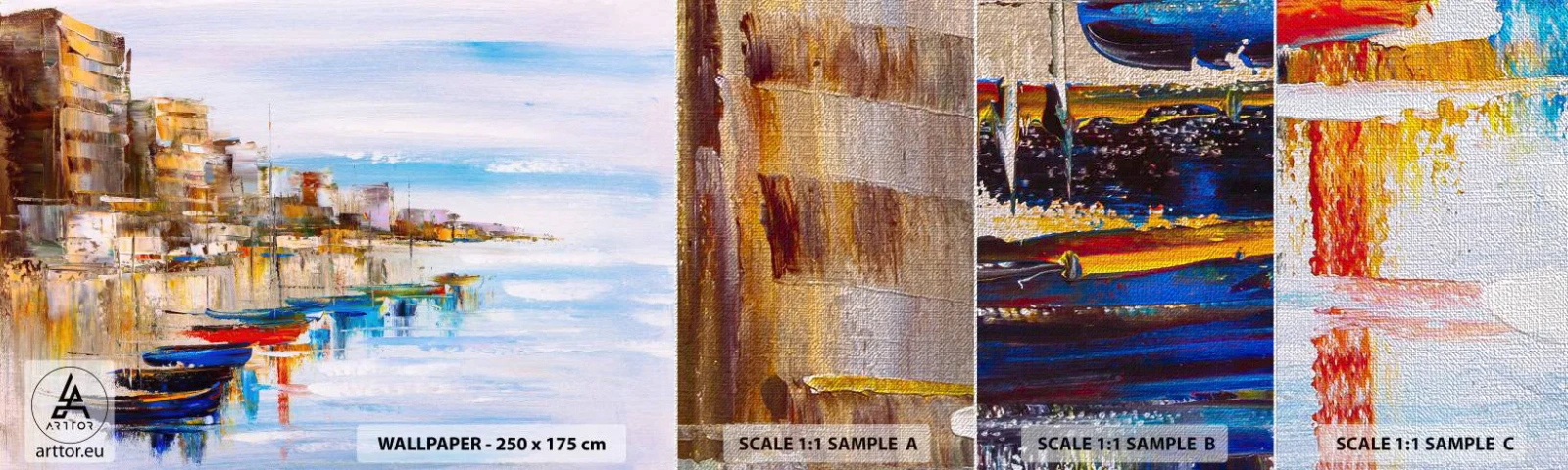 Photo Wallpaper Sample Premium Canvas - Multicolour Town Marina - Landscape, Harbor, Seaside - 100x30 cm