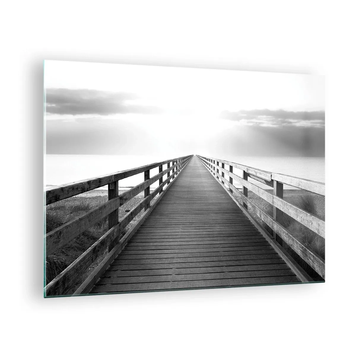 Glass picture - A wooden bridge leading towards the horizon in black and white - 70x50cm - In the Distance… - Modern wall decoration for the living room and bedroom ARTTOR