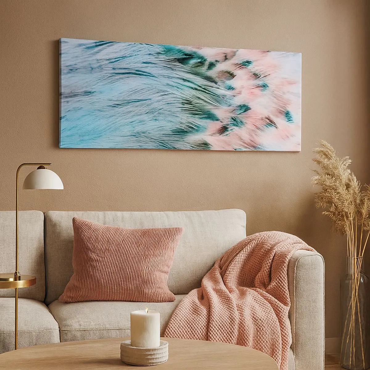 Canvas picture - Sapphire and Pink Feathers - 100x40 cm