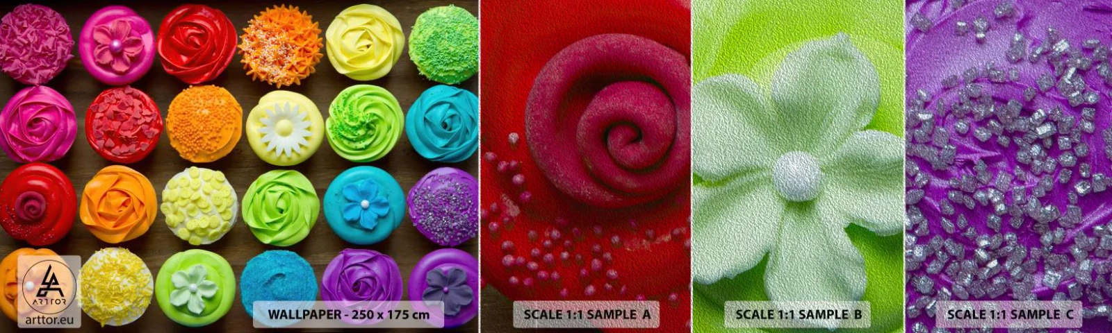 Photo Wallpaper Sample Premium Sand - All Different - All Delicious - Gastronomy, colourful cookies, 3D - 100x30 cm