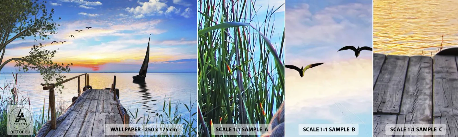 Photo Wallpaper Sample Standard Eco - Good Evening - Landscape, Lake, Wooden Bridge - 100x30 cm