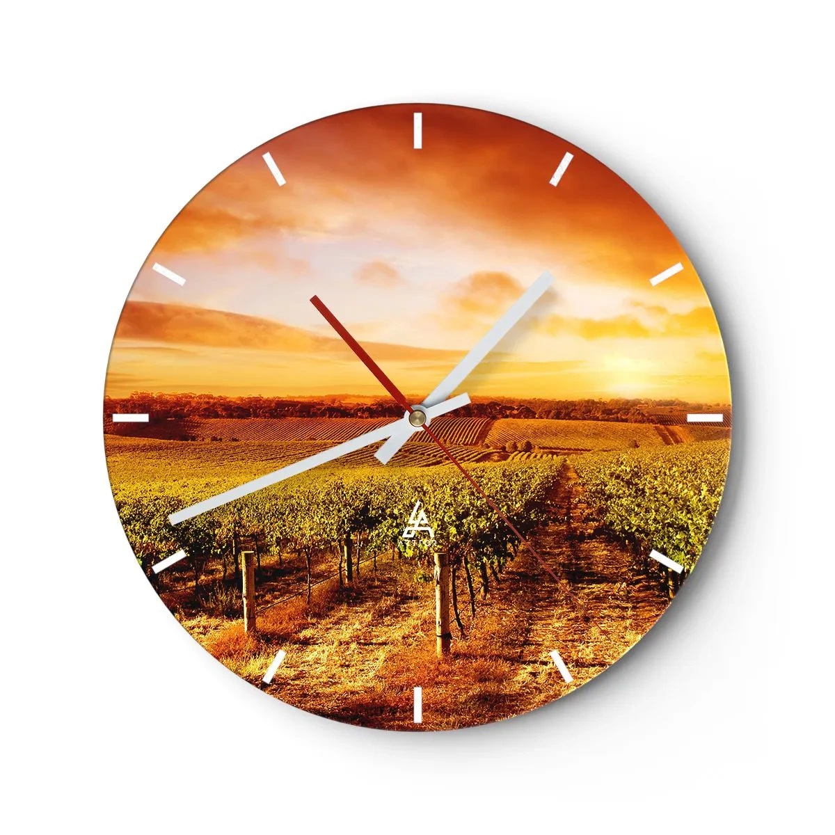 Wall clock - Clock on glass - Sunset over the vineyard - 30x30cm - Delicatly Fruity with a Note of the Sun - Modern wall decoration for the living room, kitchen, and bedroom ARTTOR