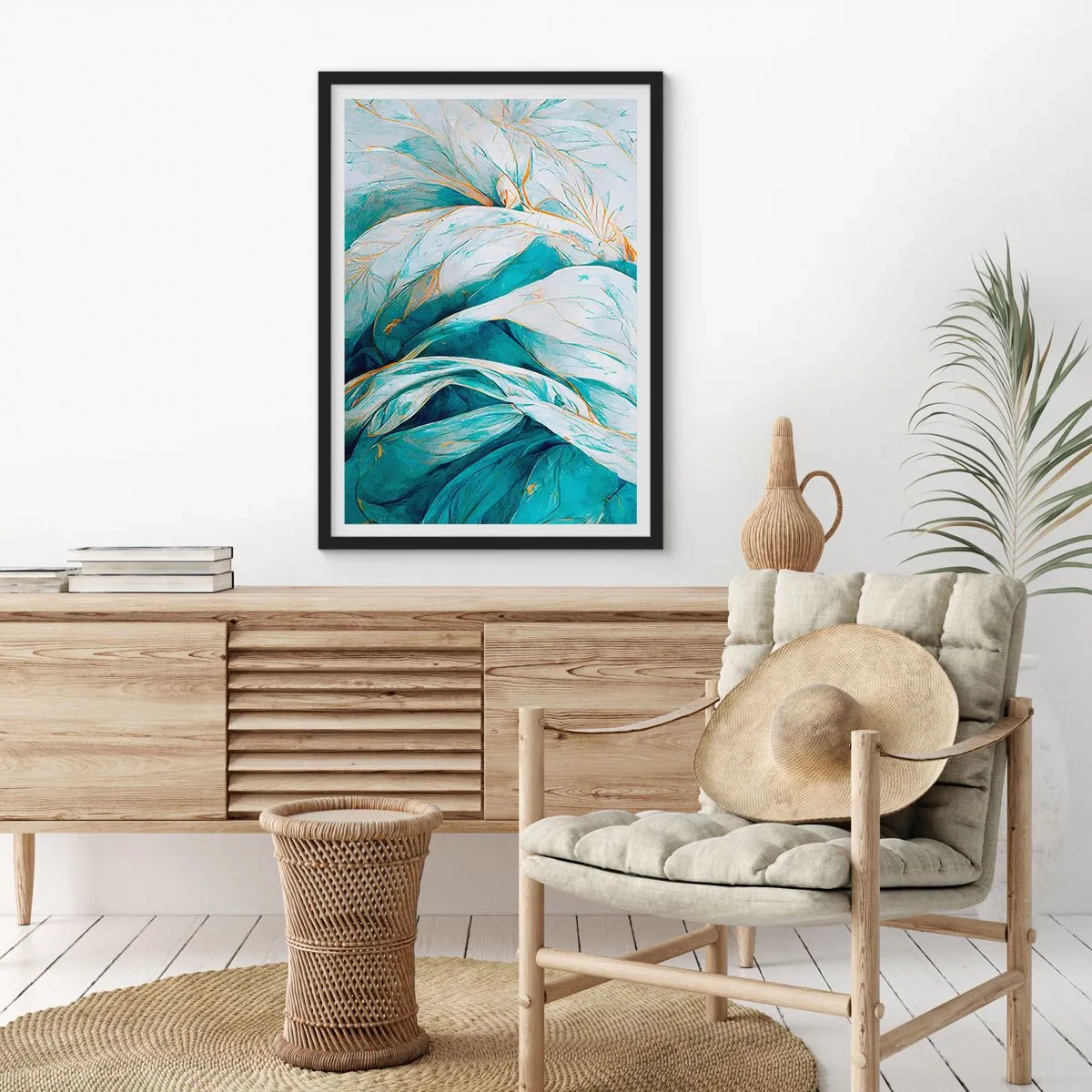 Poster in black frame - Abstract leaves in shades of turquoise and white with delicate gold - 50x70cm - Blue Abstract with a Golden Motif - Modern wall decoration for the living room and bedroom ARTTOR