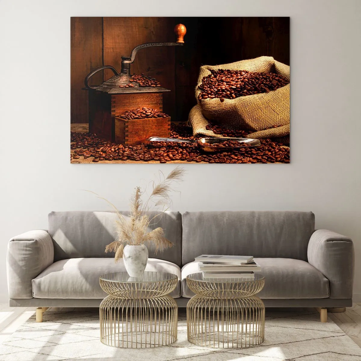 Glass picture - An old coffee grinder with beans and a bag of coffee - 70x50cm - Still Life with Coffee Grains and a Grinder - Modern wall decoration for the living room and bedroom ARTTOR