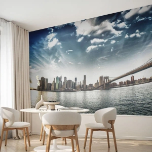 Photo Wallpaper Standard Eco - Panorama of the city with a bridge and a spectacular sky at sunset - 100x70cm - Glass Island - Modern wall decoration for the living room and bedroom ARTTOR