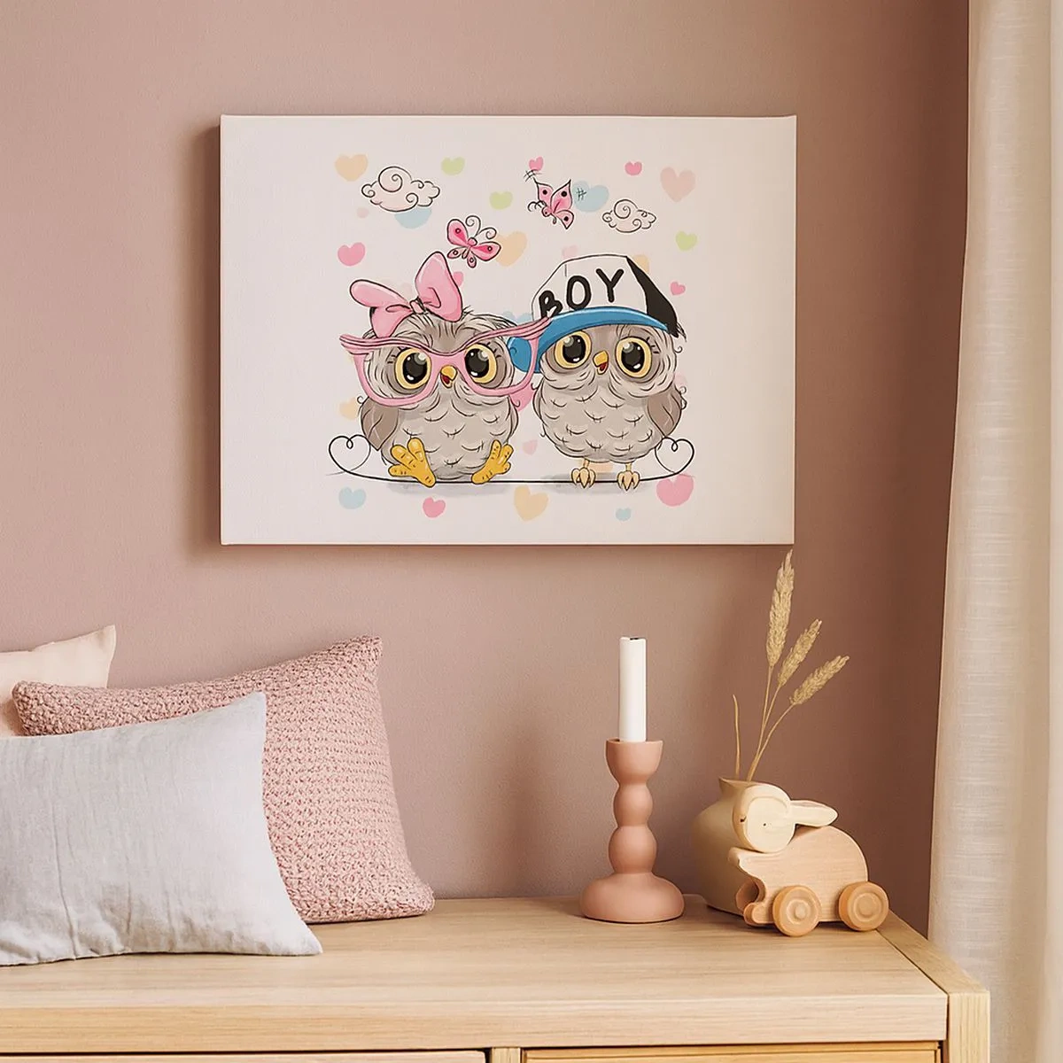 Canvas picture - Two adorable owls surrounded by hearts - 70x50cm - Let's Keep in Love! - Modern wall decoration for the living room and bedroom ARTTOR