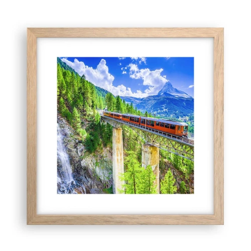 Poster in light oak frame - Train Through the Alps - 30x30 cm