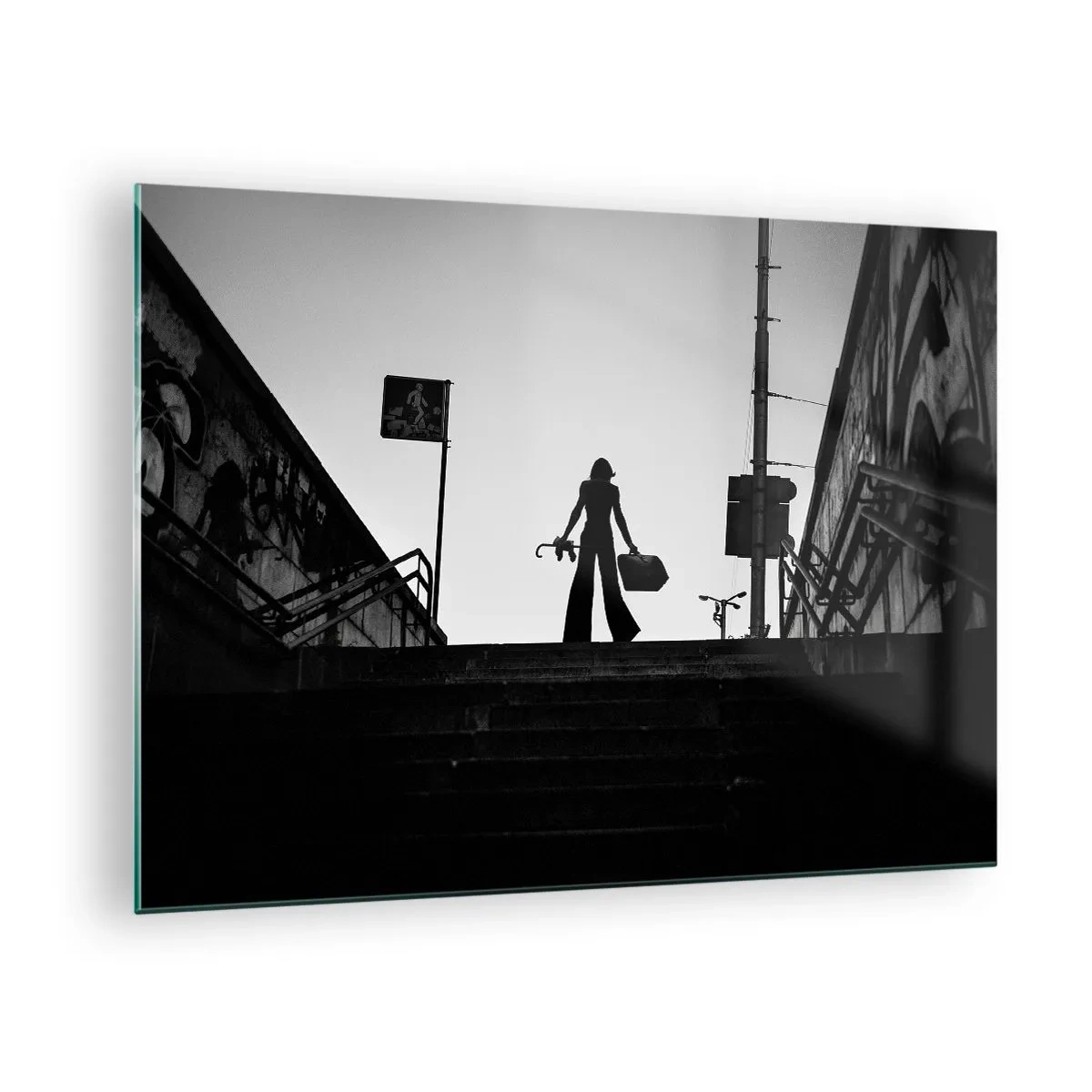 Glass picture - Black and white silhouette of a woman against the backdrop of a cityscape - 70x50cm - City Wander - Modern wall decoration for the living room and bedroom ARTTOR