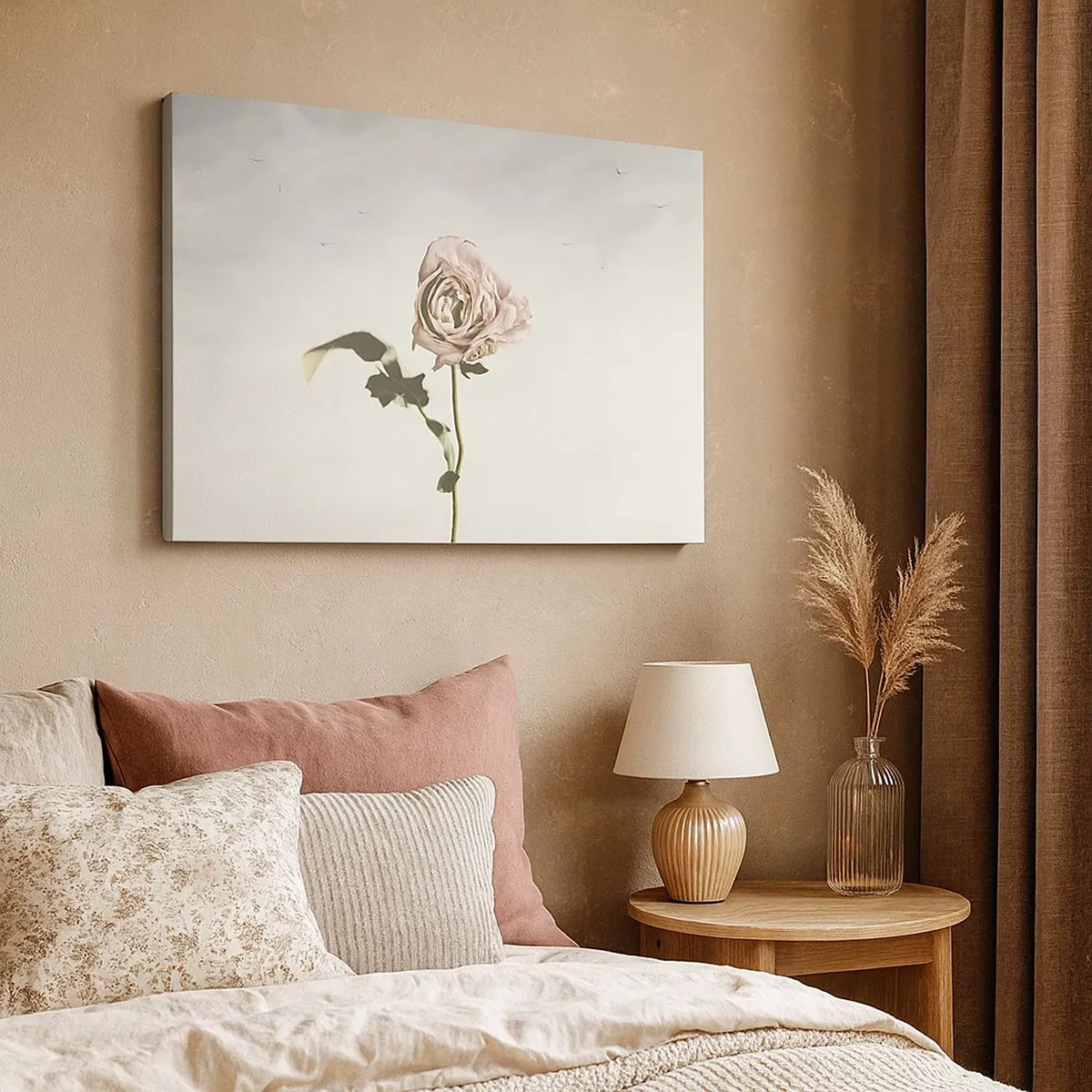 Canvas picture - A delicate rose against a bright sky with flying birds - 70x50cm - Welcoming of Spring - Modern wall decoration for the living room and bedroom ARTTOR