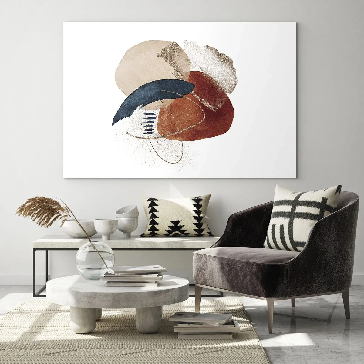 Glass picture - An abstract composition in warm shades with water elements. - 70x50cm - Oval Composition - Modern wall decoration for the living room and bedroom ARTTOR