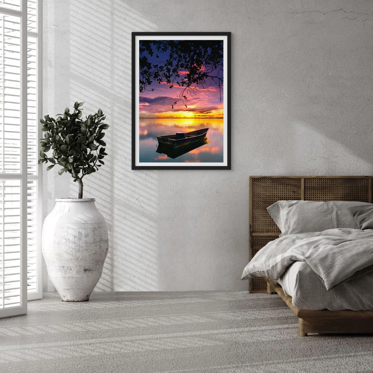 Poster in black frame - A boat on a calm lake at sunset - 50x70cm - Serenity of the Lake - Modern wall decoration for the living room and bedroom ARTTOR