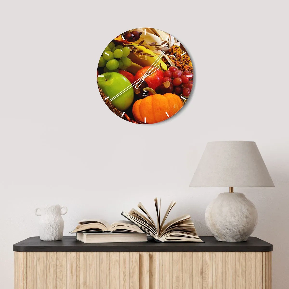 Wall clock - Clock on glass - Autumn fruits and vegetables in a basket - 30x30cm - Basket of Abundance - Modern wall decoration for the living room, kitchen, and bedroom ARTTOR