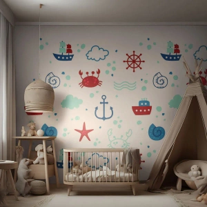 Photo Wallpaper Standard Eco - Nautical pattern with anchors, ships and crabs on a white background - 100x70cm - Sea Tale - Modern wall decoration for the living room and bedroom ARTTOR