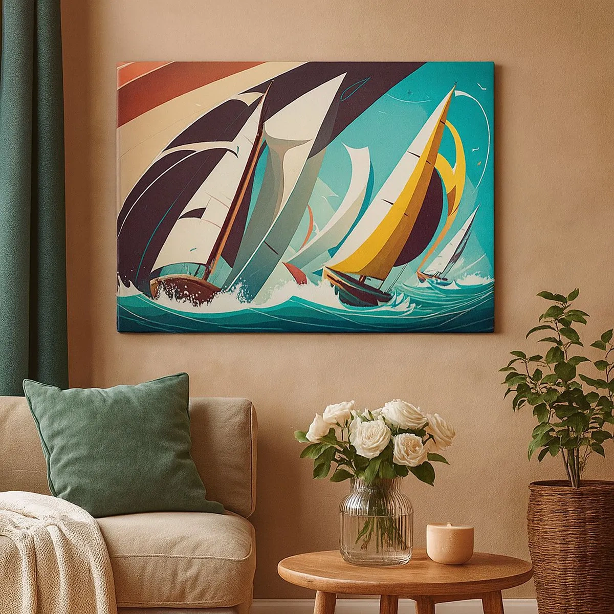 Canvas picture - A dynamic illustration of sailboats in a stormy sea. - 70x50cm - Standing Up to Elements - Modern wall decoration for the living room and bedroom ARTTOR
