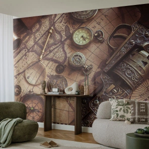 Photo Wallpaper Premium Canvas - Adventure Calls - World map, Compass, Revolver - 300x210 cm