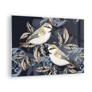 Glass picture - Illustration of two birds on a dark background with ornaments - 70x50cm - Blue and Yellow Chirp - Modern wall decoration for the living room and bedroom ARTTOR