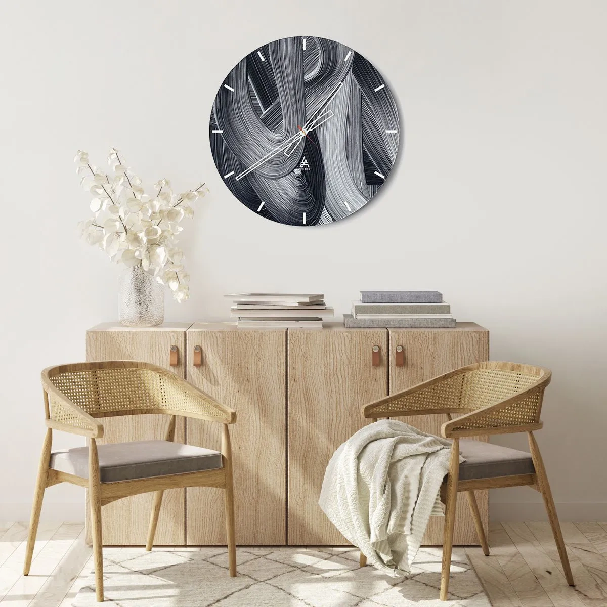 Wall clock - Clock on glass - A galloping horse against a desert background in black and white. - 30x30cm - Fluidity of Reality - Modern wall decoration for the living room, kitchen, and bedroom ARTTOR