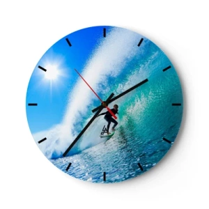 Wall clock - Clock on glass - Surfer on a wave on a sunny day - 30x30cm - Across Great Blue - Modern wall decoration for the living room, kitchen, and bedroom ARTTOR