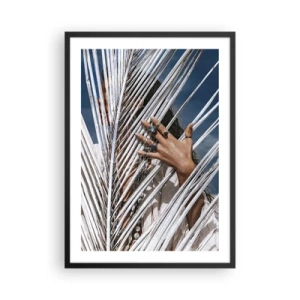 Poster in black frame - A hand with rings behind palm leaves - 50x70cm - Shaman's Girlfriend? - Modern wall decoration for the living room and bedroom ARTTOR