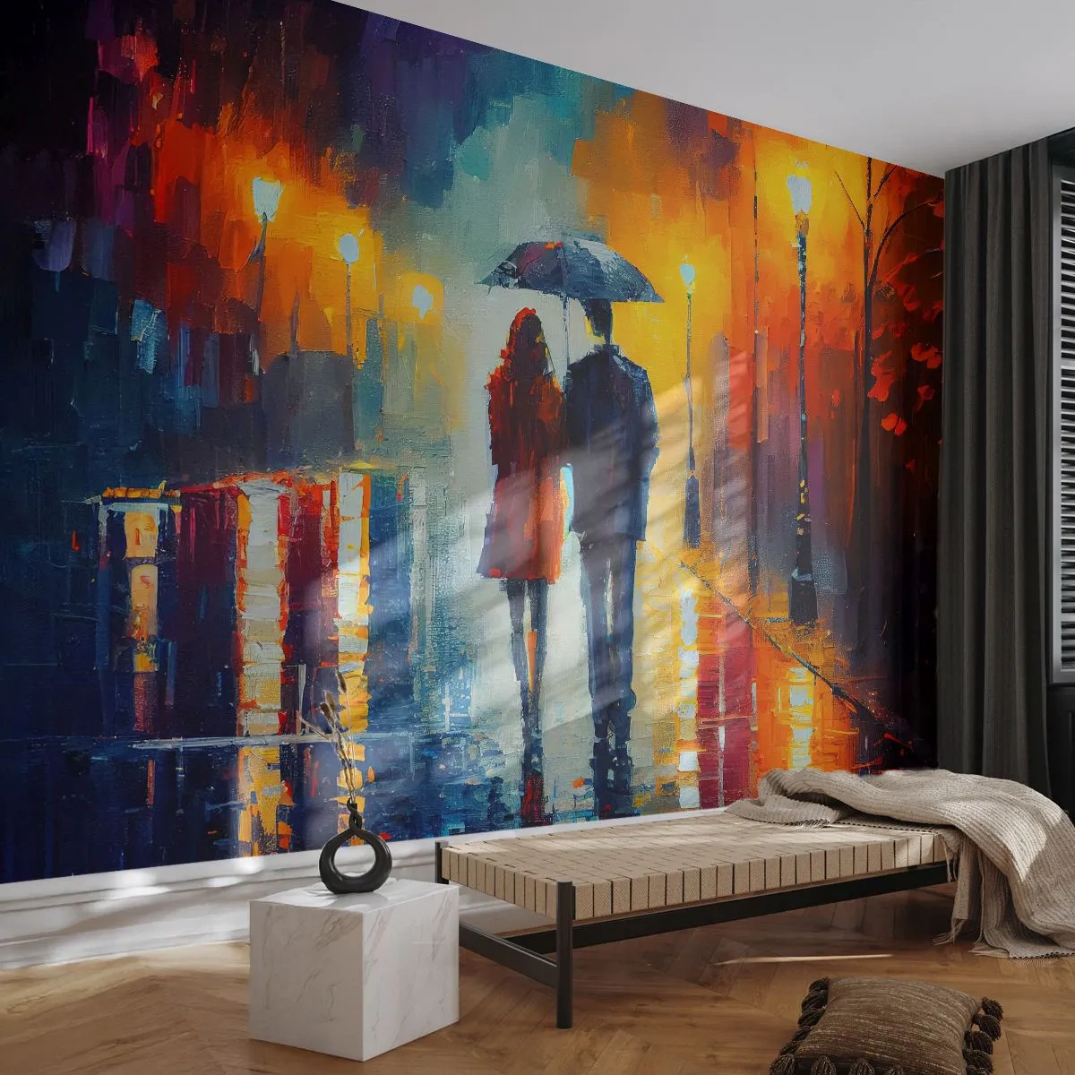 Self-Adhesive Photo Wallpaper Deluxe Sticker - Together - Colourful Night - Couple, Romantic, Walk - 350x256 cm
