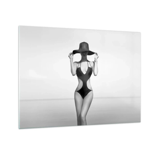 Glass picture - A woman in a black swimsuit and hat against the sea - 70x50cm - My Name Is: Elegance - Modern wall decoration for the living room and bedroom ARTTOR