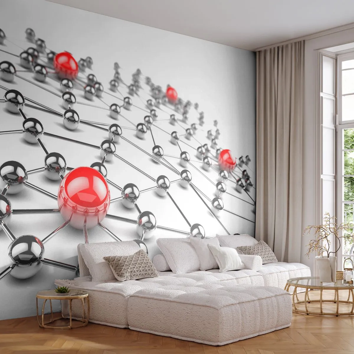 Self-Adhesive Photo Wallpaper Deluxe Sticker - Silver Net - Abstraction, Metal Balls, 3D - 250x175 cm