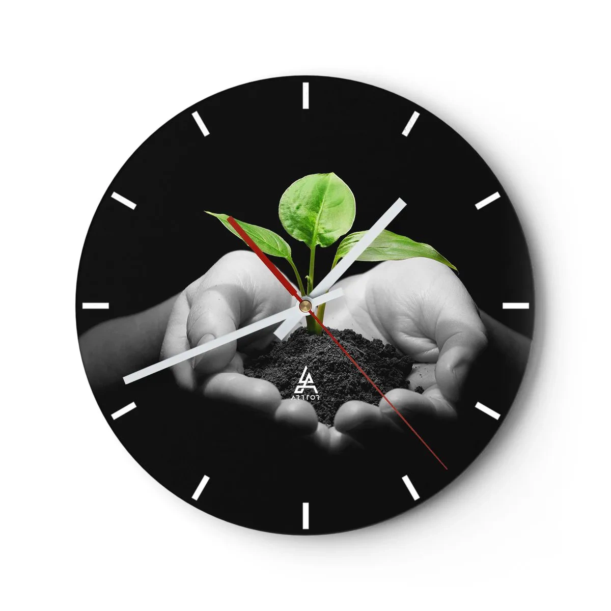 Wall clock - Clock on glass - A green sprout held in the hands on a black background - 30x30cm - I Love Nature, I Protect It - Modern wall decoration for the living room, kitchen, and bedroom ARTTOR