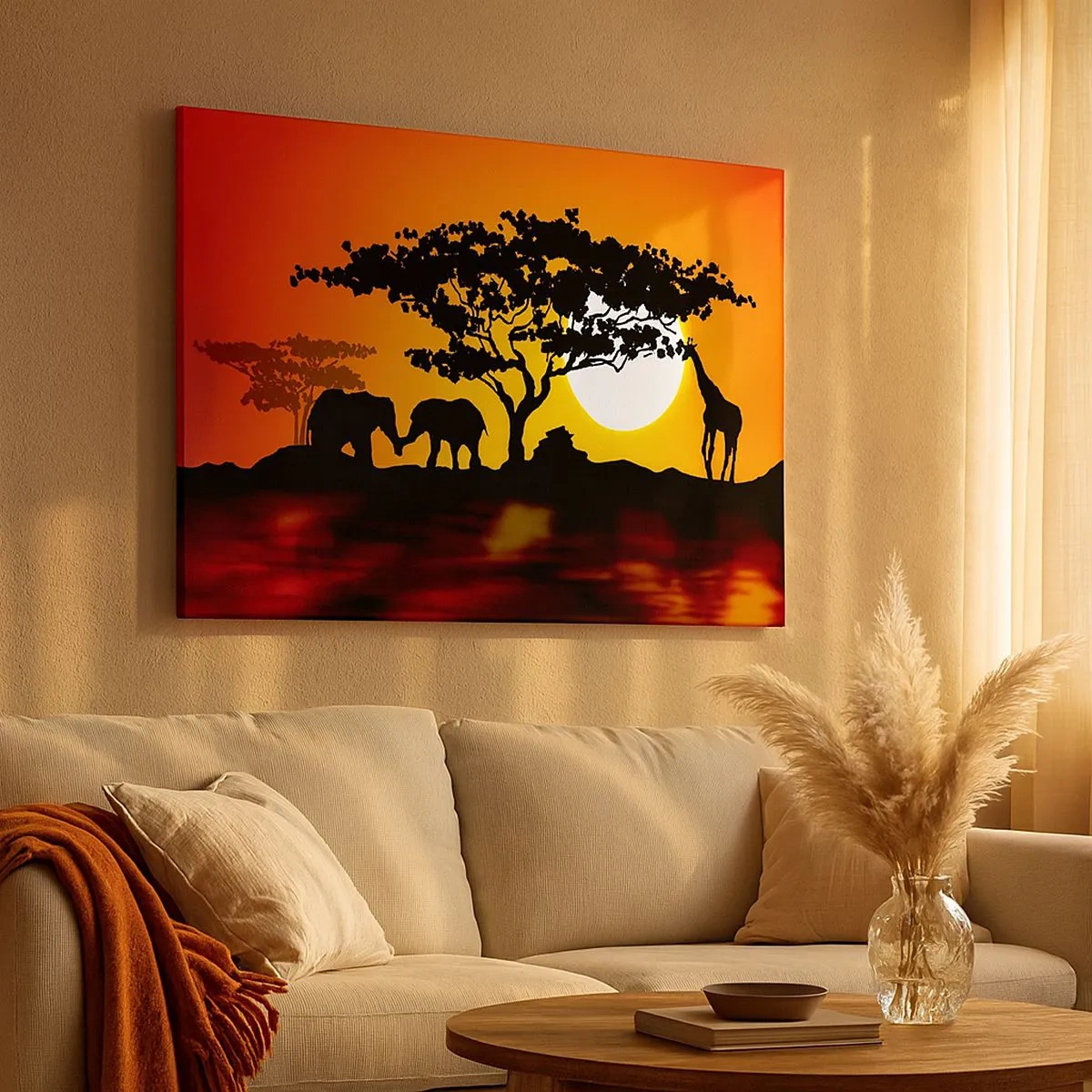 Canvas picture - African sunset with silhouettes of elephants and giraffes over the water - 70x50cm - Encounter on a Savannah - Modern wall decoration for the living room and bedroom ARTTOR