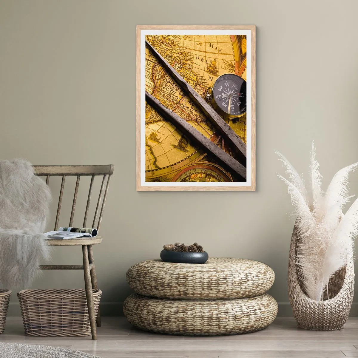 Poster in light oak frame - With a Compass through the Seas - 30x40 cm