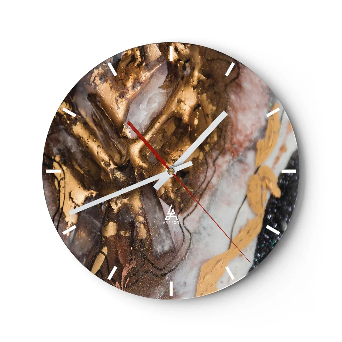 Wall clock - Clock on glass - Abstract composition with gold and mineral textures - 30x30cm - Element of the Earth - Modern wall decoration for the living room, kitchen, and bedroom ARTTOR