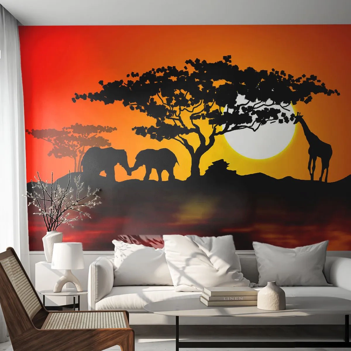 Custom Self-Adhesive Wallpaper Deluxe Sticker - Encounter on a Savannah - Animals, Africa, Giraffe