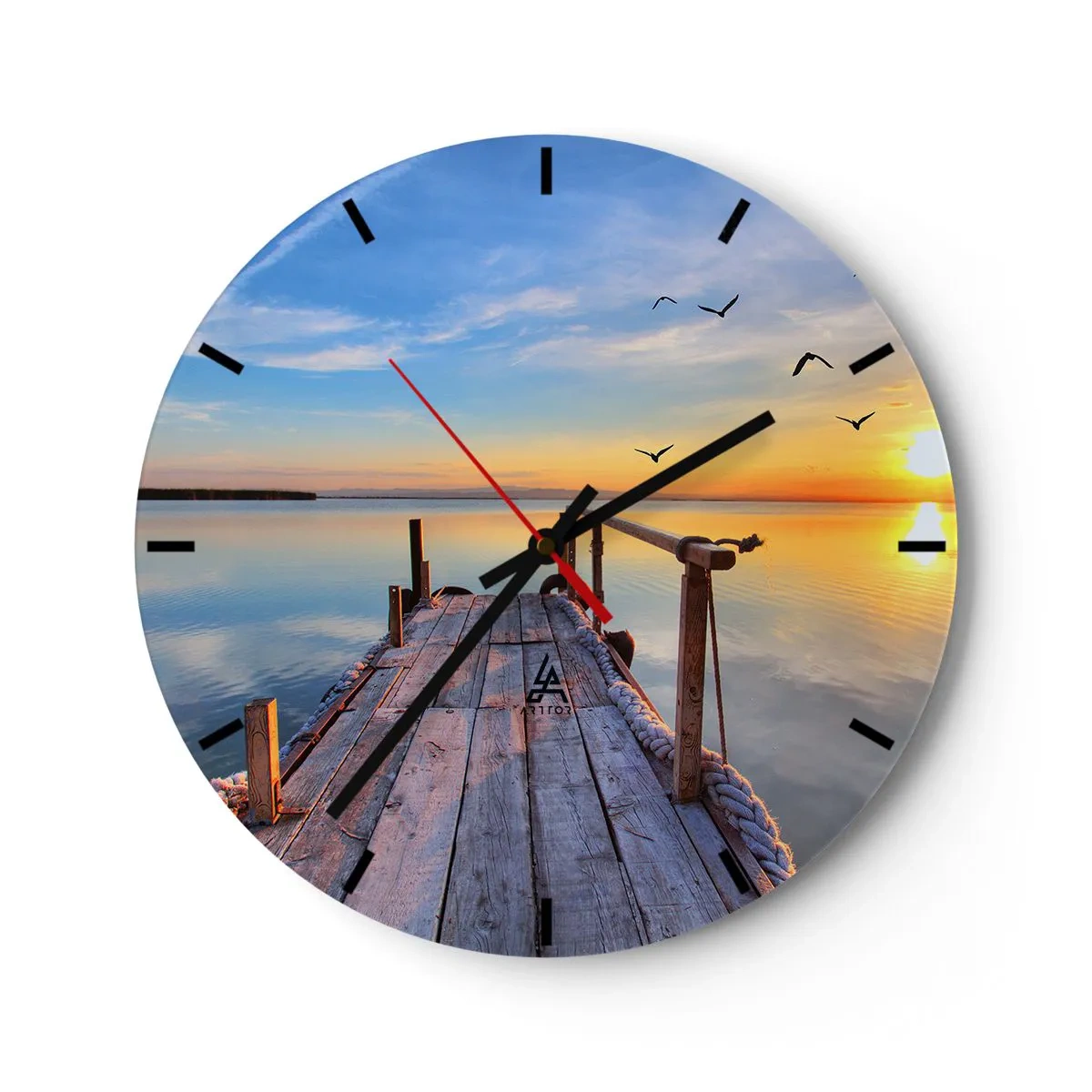 Wall clock - Clock on glass - A lakeside pier at sunset with birds in the background - 30x30cm - Walk towards the Sun - Modern wall decoration for the living room, kitchen, and bedroom ARTTOR